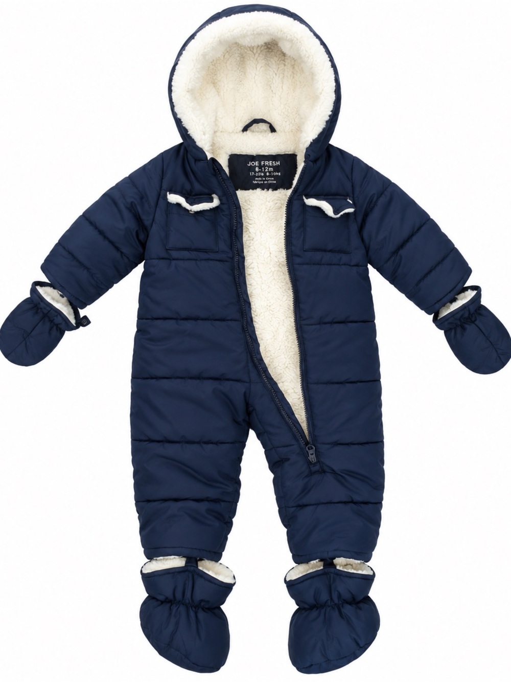 Joe Fresh Baby Snowsuit 6-12M Navy Fleece Lined Hooded Winter Bunting